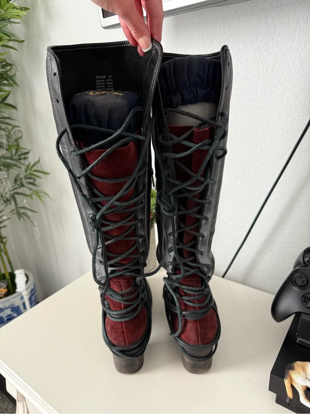 Freebird by Steven Tall Black Leather Boots with Red Heel Accent